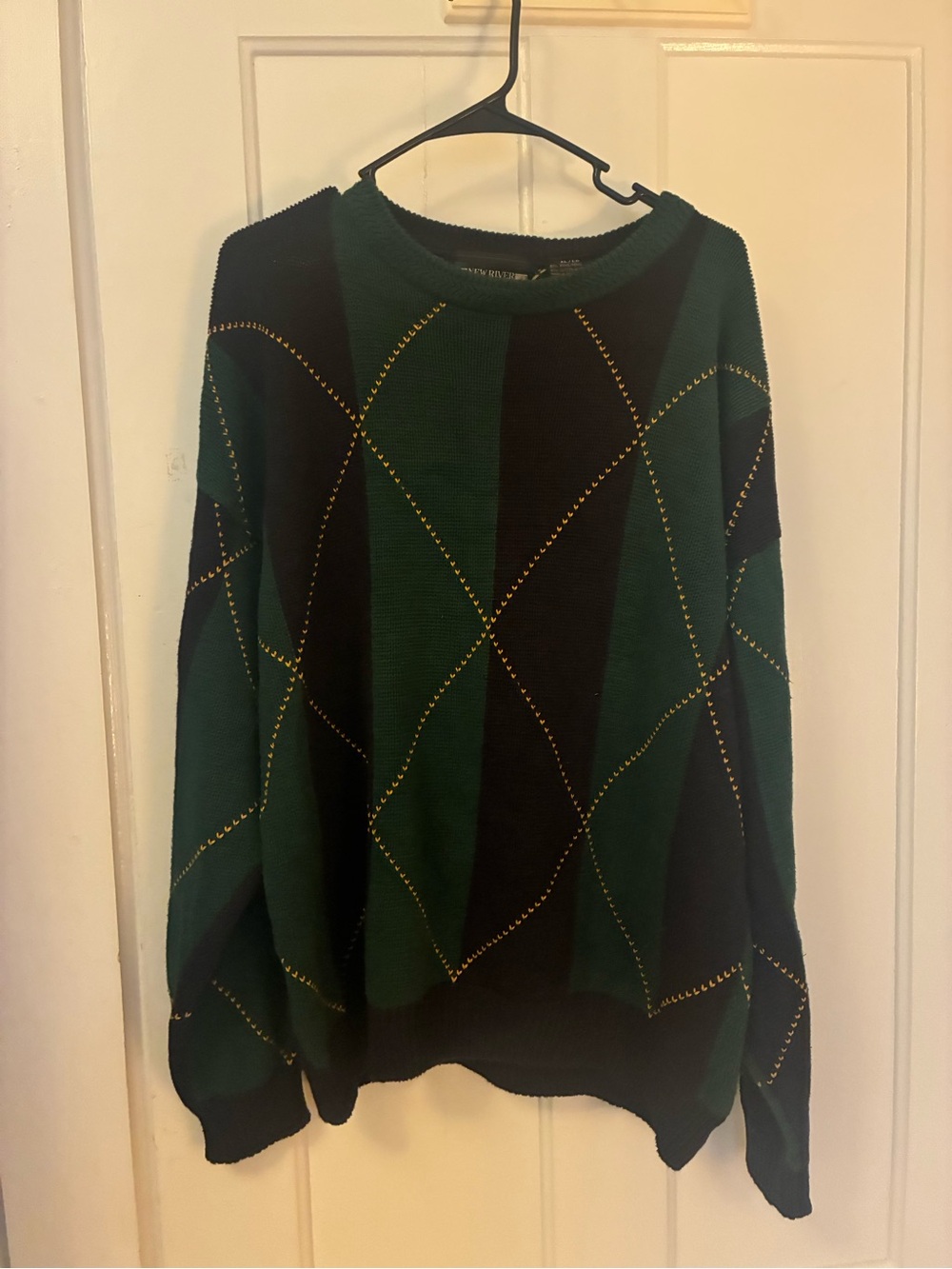 Green and Blue Diamond Knit Sweater with Gold Stitching